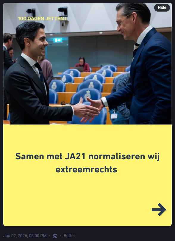 Post van social media van De Goede Zaak waarop Rob Jetten lachend een hand gaat geven aan iemand van JA21. "Samen met JA21 normaliseren wij extreemrechts"