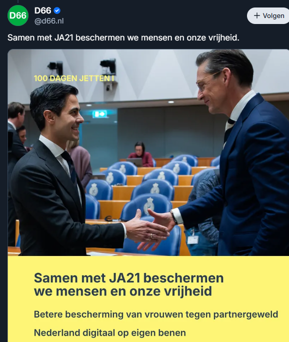 Post van social media van D66 waarop Rob Jetten lachend een hand gaat geven aan iemand van JA21. "Samen met JA21 beschermen we mensen en onze vrijheid"